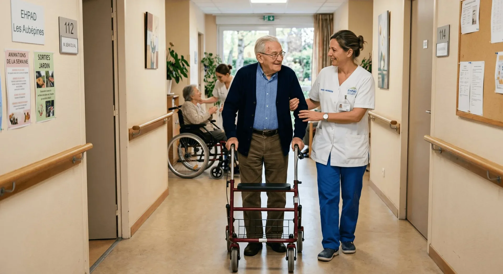 Intérieur chaleureux d'un EHPAD avec seniors participant à une activité