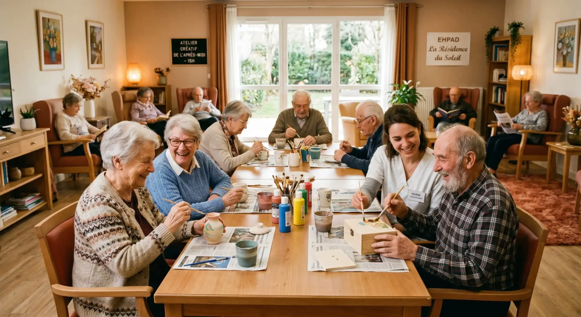 Seniors participant à un atelier créatif dans un EHPAD