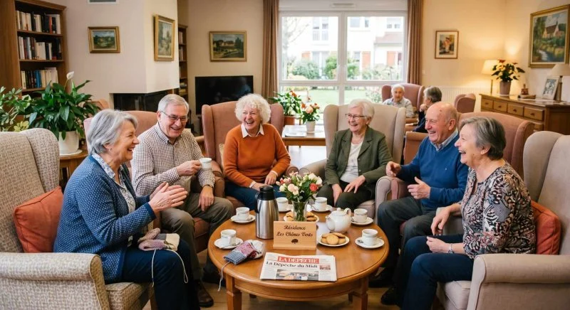 Seniors discutant joyeusement dans le salon d'une résidence autonomie