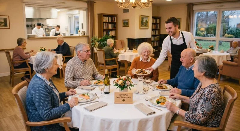 Senior servi au restaurant convivial d'une résidence